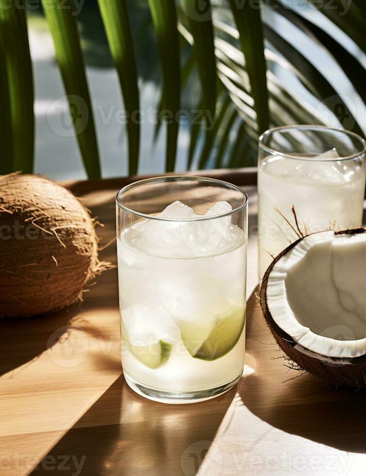 foto van sommige kokosnoot water drinken elegant geplateerd Aan een tafel. generatief ai