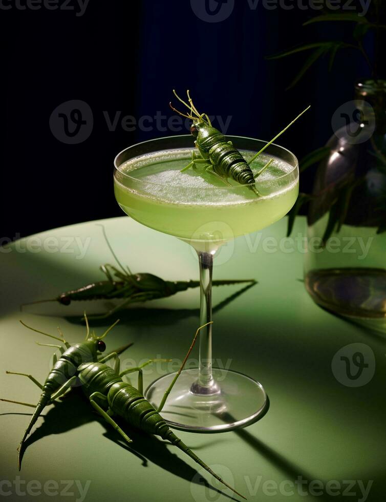 foto van sommige sprinkhaan drinken elegant geplateerd Aan een tafel. generatief ai