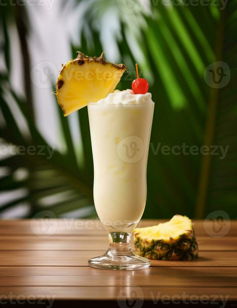 foto van sommige pina colada drinken elegant geplateerd Aan een tafel. generatief ai