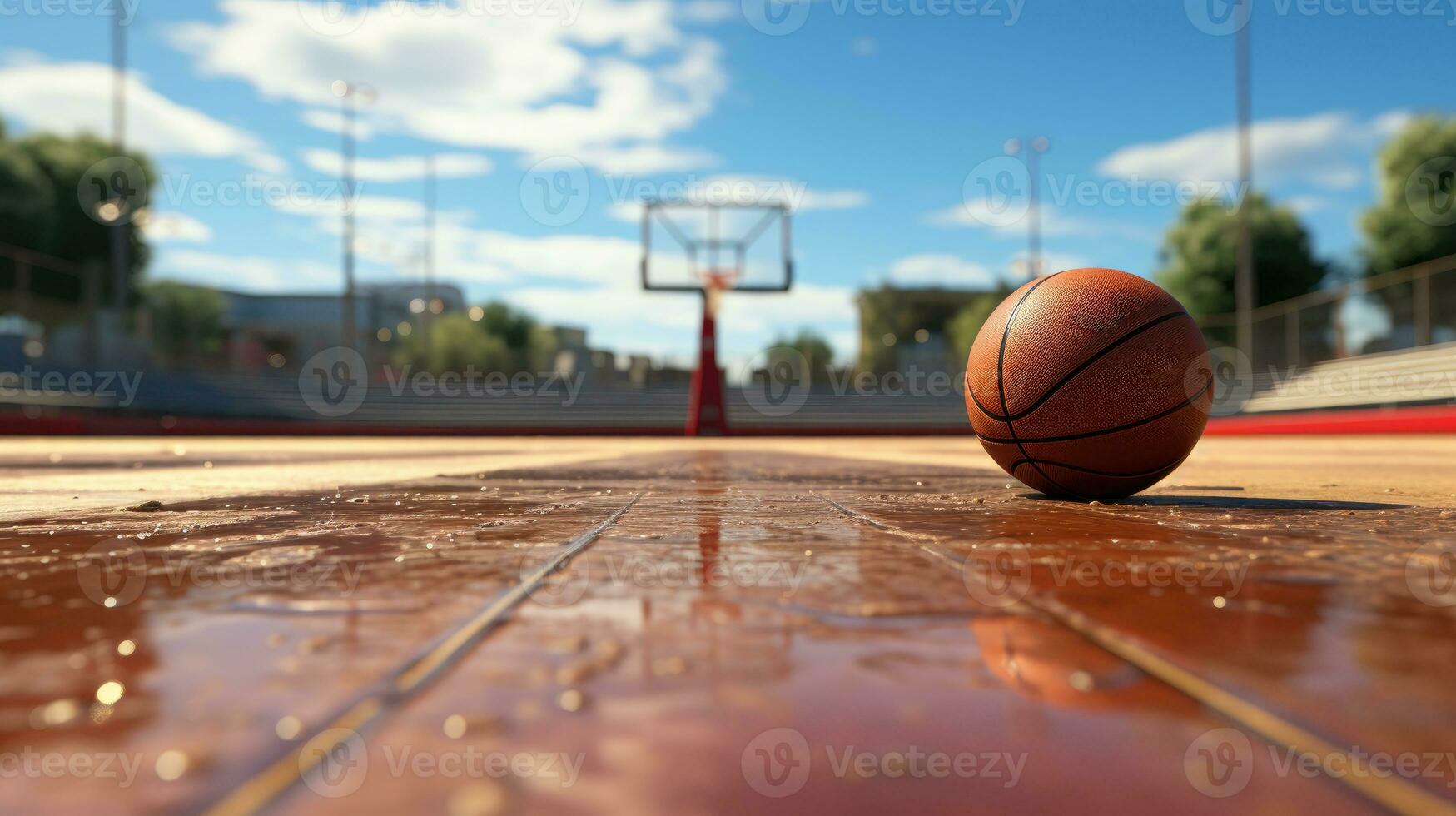 basketbal rechtbank en basketbal bal aan het liegen Aan de grond geïsoleerd Aan de achtergrond. generatief ai foto