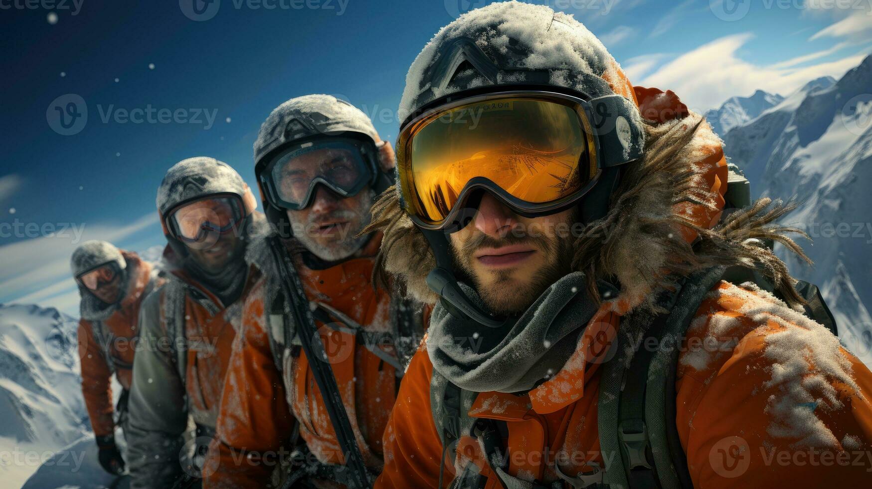 een groep van vrienden gelukkig skiën samen. generatief ai foto