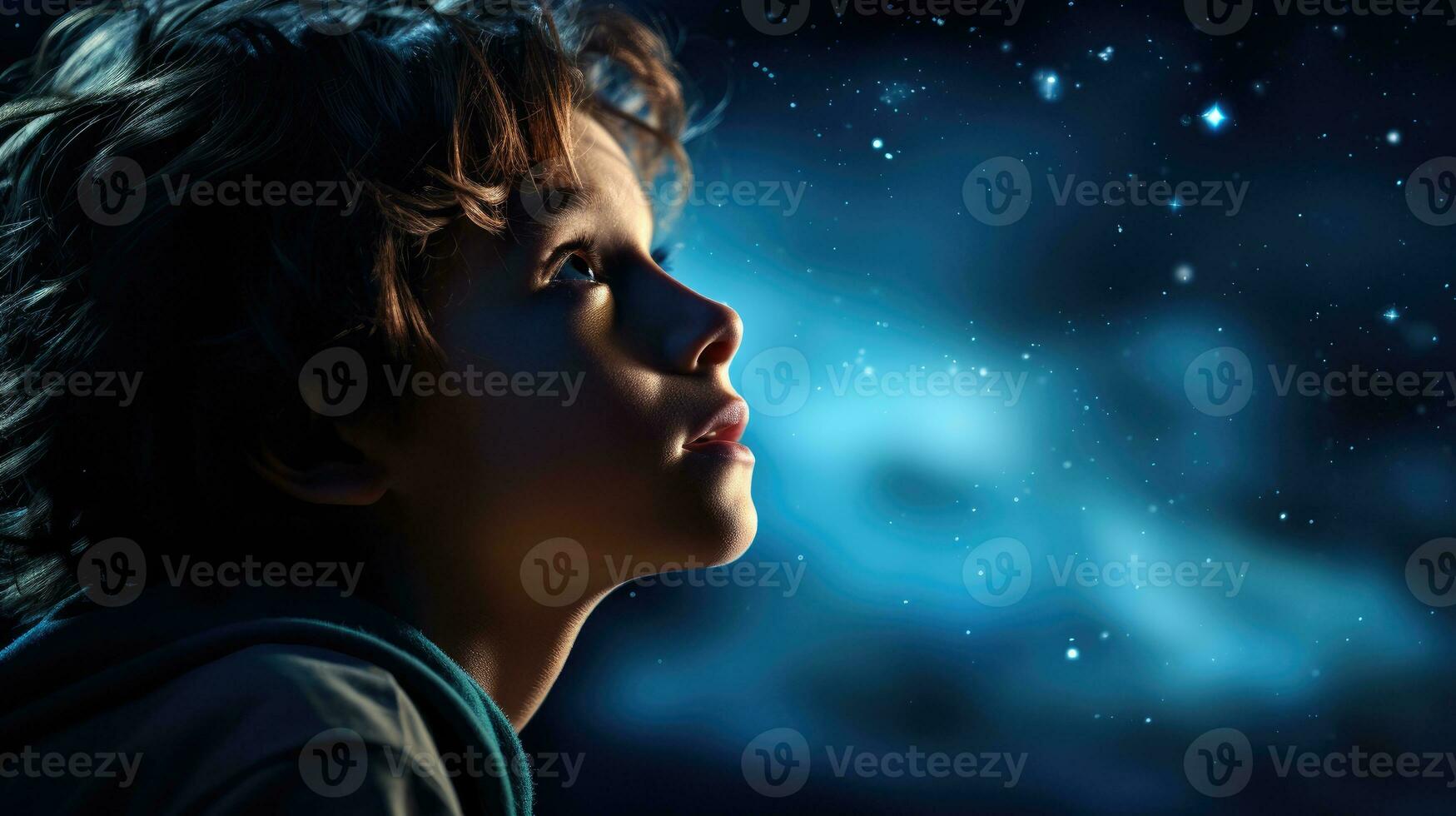 een kind verbazingwekkend moment net zo hij blikken Bij de universum Aan een maanlicht nacht. generatief ai foto