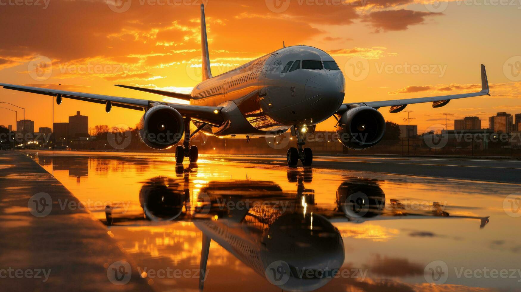 een passagier vlak landen Aan de luchthaven landingsbaan in de instelling zon. generatief ai foto