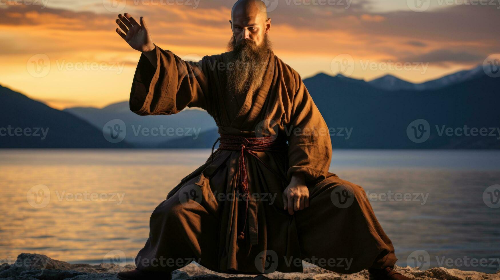 tai chi meester oefenen Aan de strand. generatief ai foto