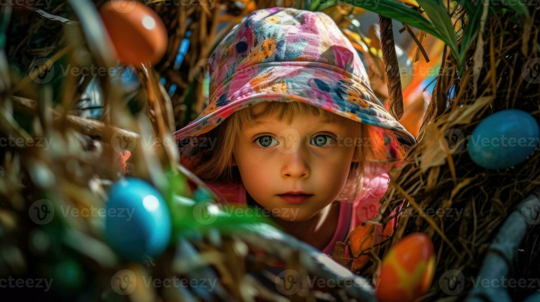 gelukkig weinig meisje op zoek voor Pasen eieren verborgen tussen groen in tuin. generatief ai foto