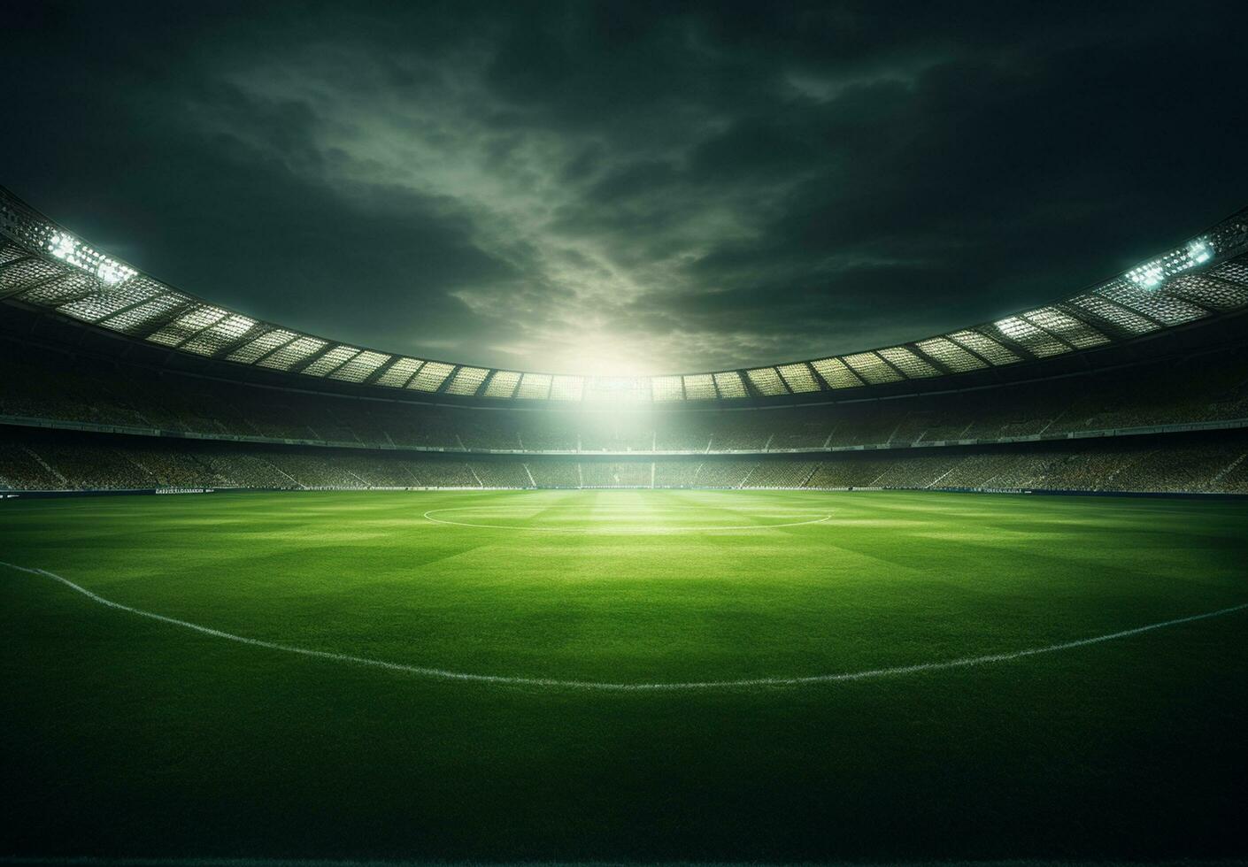 foto van een voetbal stadion Bij nacht met stadion licht. de stadion was gemaakt in 3d zonder gebruik makend van bestaande referenties