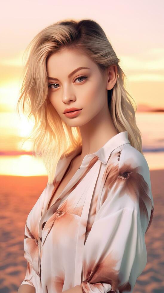 jong en mooi blond meisje portret in de strand. generatief ai foto