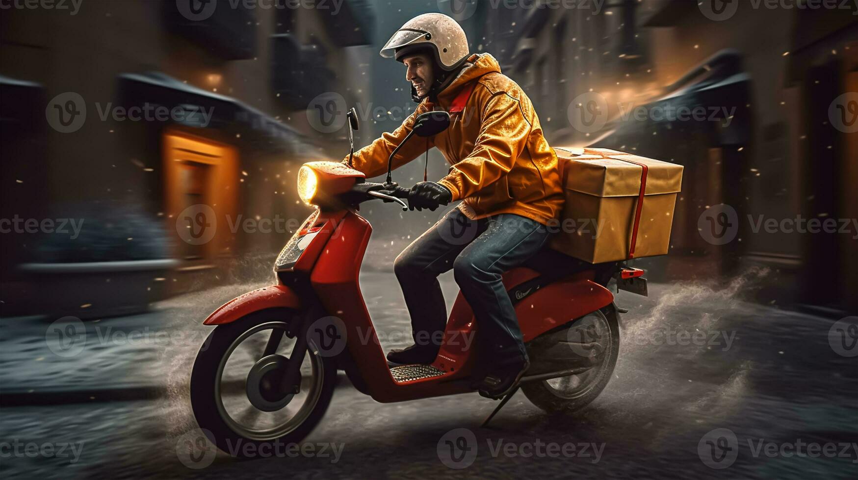 levering Mens Aan scooter met dozen in de stad. levering onderhoud concept. foto