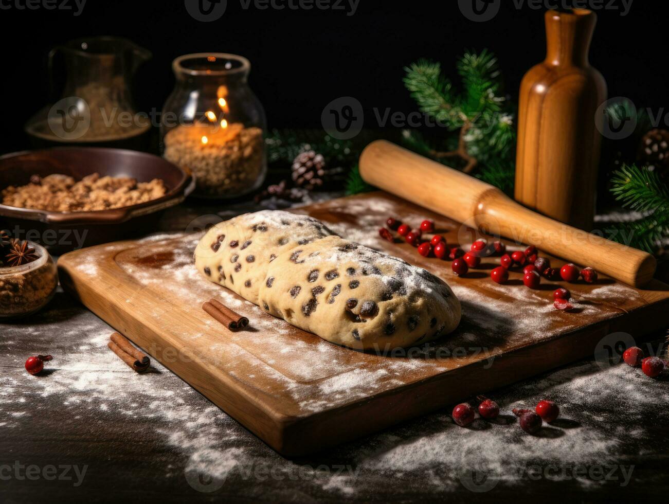 ai generatie. brood deeg met rozijnen en veenbessen Aan een houten bord. traditioneel stollen. foto