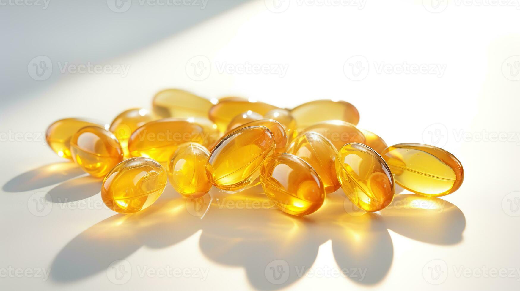 transparant geel vitamines Aan een licht achtergrond. vitamine d, omega 3, omega 6, voedsel supplement olie gevulde vis olie, vitamine a, vitamine e, lijnzaad olie. foto