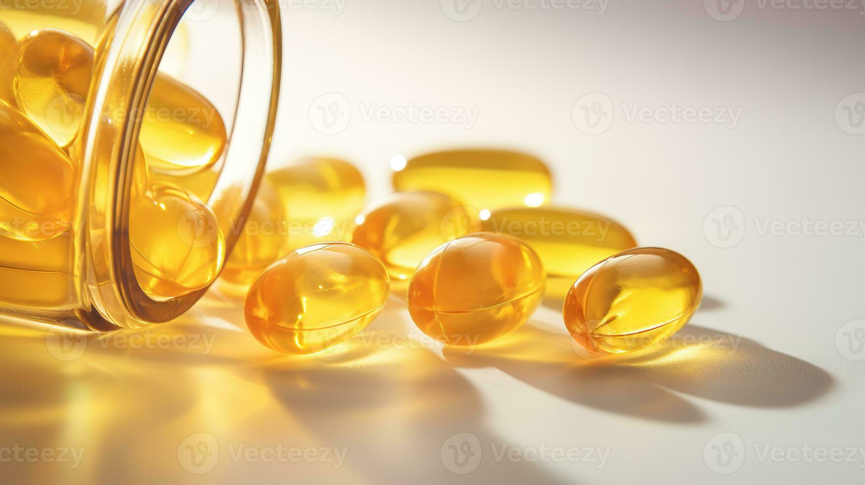 transparant geel vitamines Aan een licht achtergrond. vitamine d, omega 3, omega 6, voedsel supplement olie gevulde vis olie, vitamine a, vitamine e, lijnzaad olie. foto