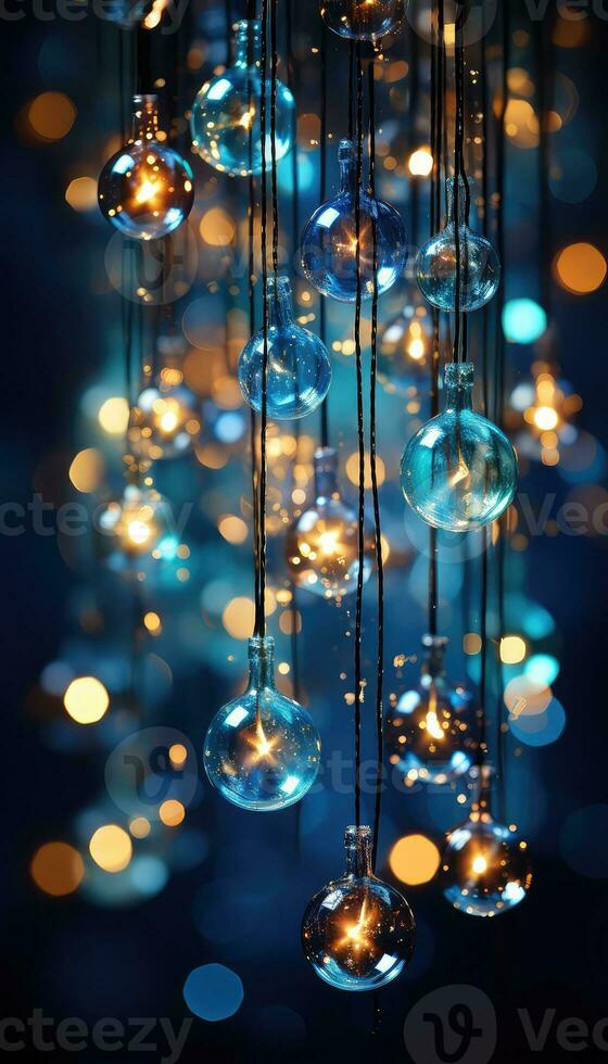 sprankelend Kerstmis slinger lichten tegen een diep blauw backdrop ai gegenereerd foto