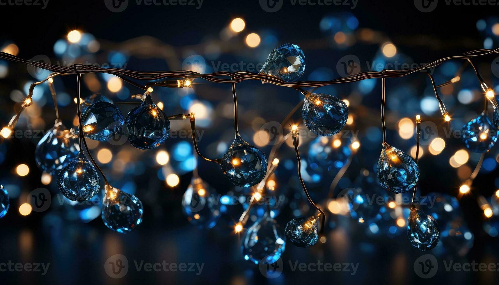 sprankelend Kerstmis slinger lichten tegen een diep blauw backdrop ai gegenereerd foto