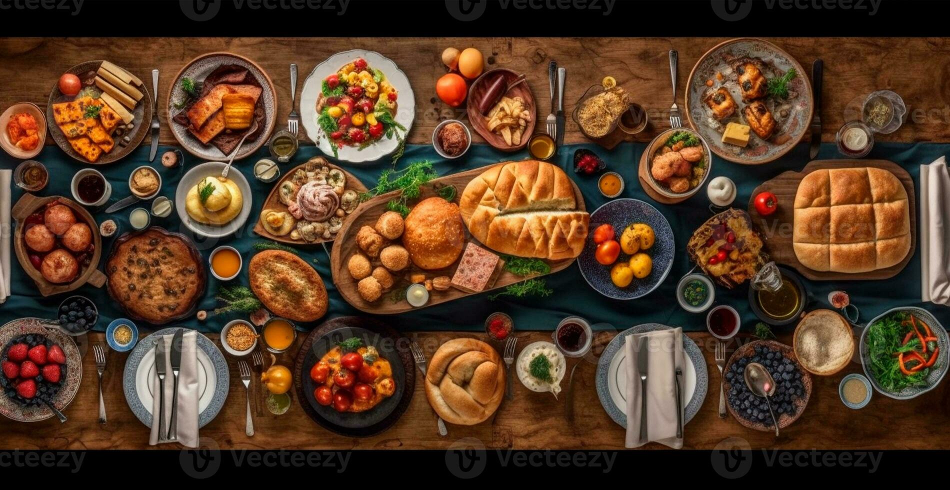 feestelijk tafel, veel gerechten van verschillend landen van de wereld - ai gegenereerd beeld foto