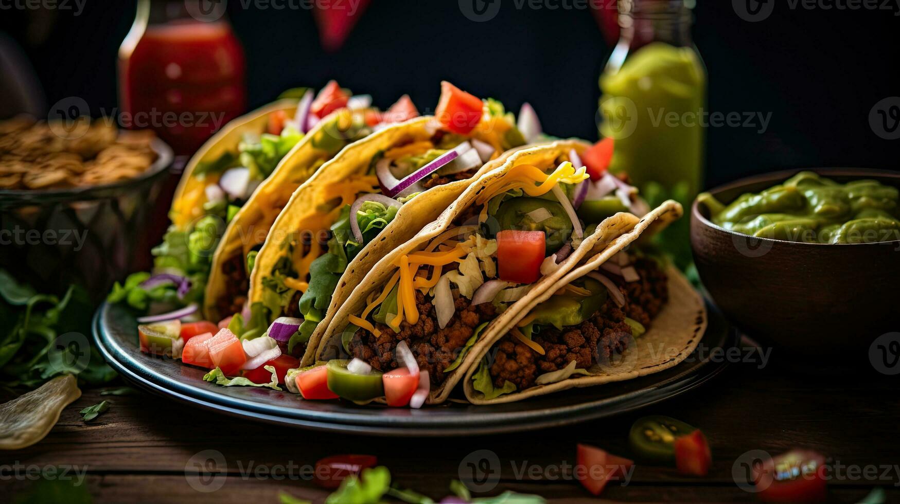 heerlijk taco's met drinken Aan de tafel ai generatief foto