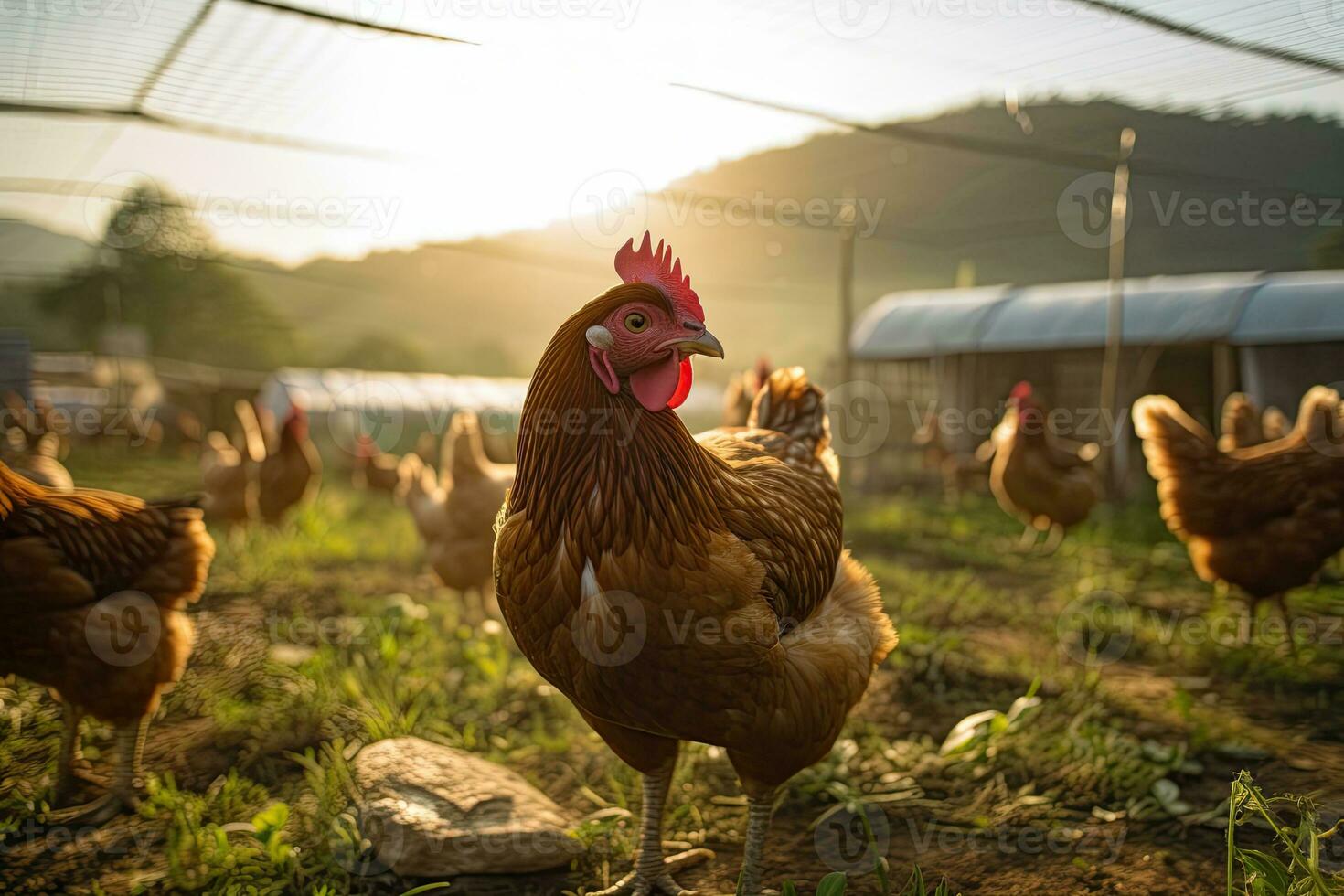 portret van een kip boerderij in de ochtend- met zon blootstelling ai generatief foto