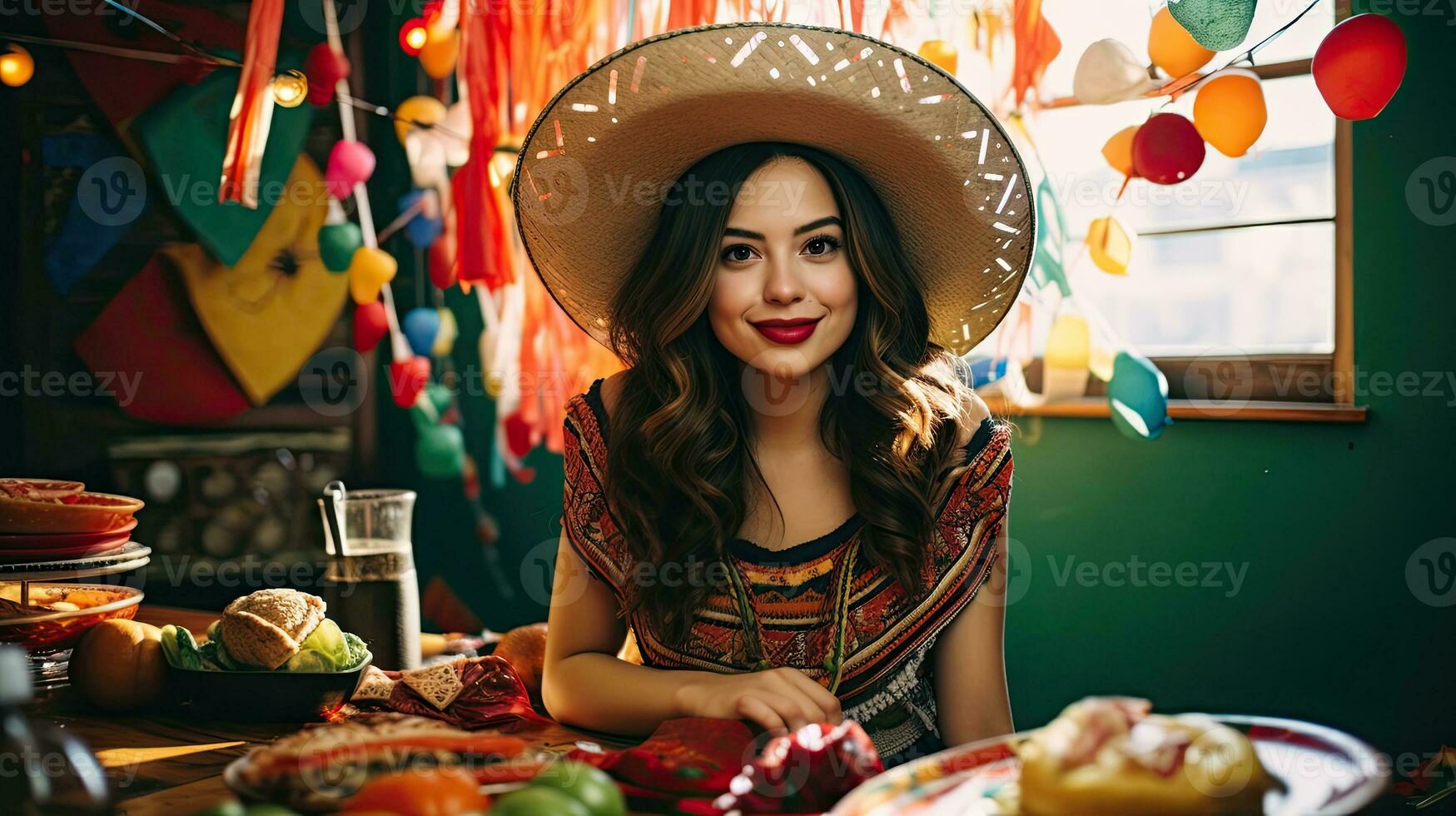 vrouw vervelend sombrero met taco's Aan de tafel ai generatief foto