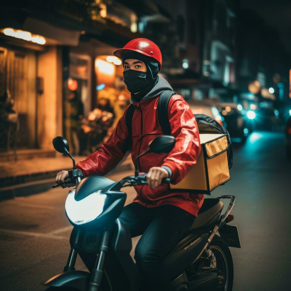 voedsel levering bestuurder Aan bromfiets met geel zak in Thailand stad Bij nacht foto