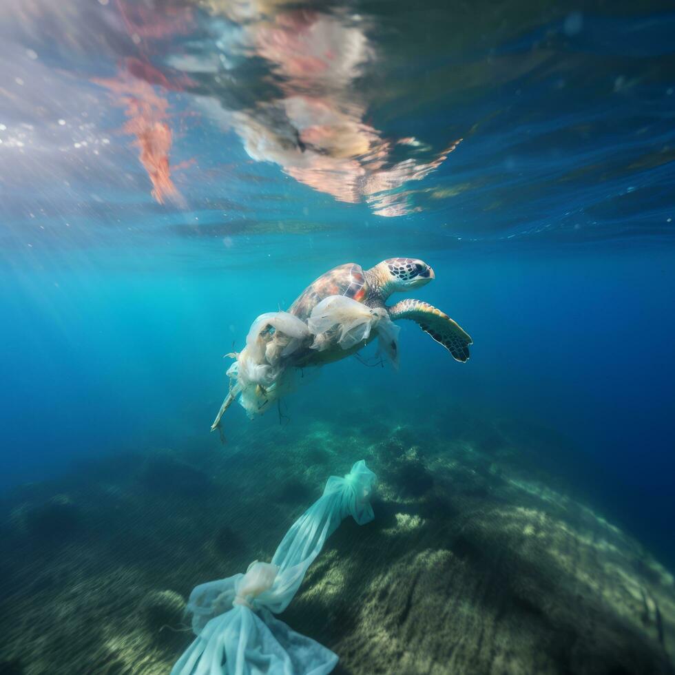 schildpad verstrengeld in polyethyleen onderwater- foto