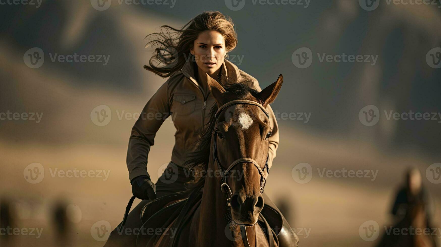 portret vrouw rijden een paard in een ras ai generatief foto