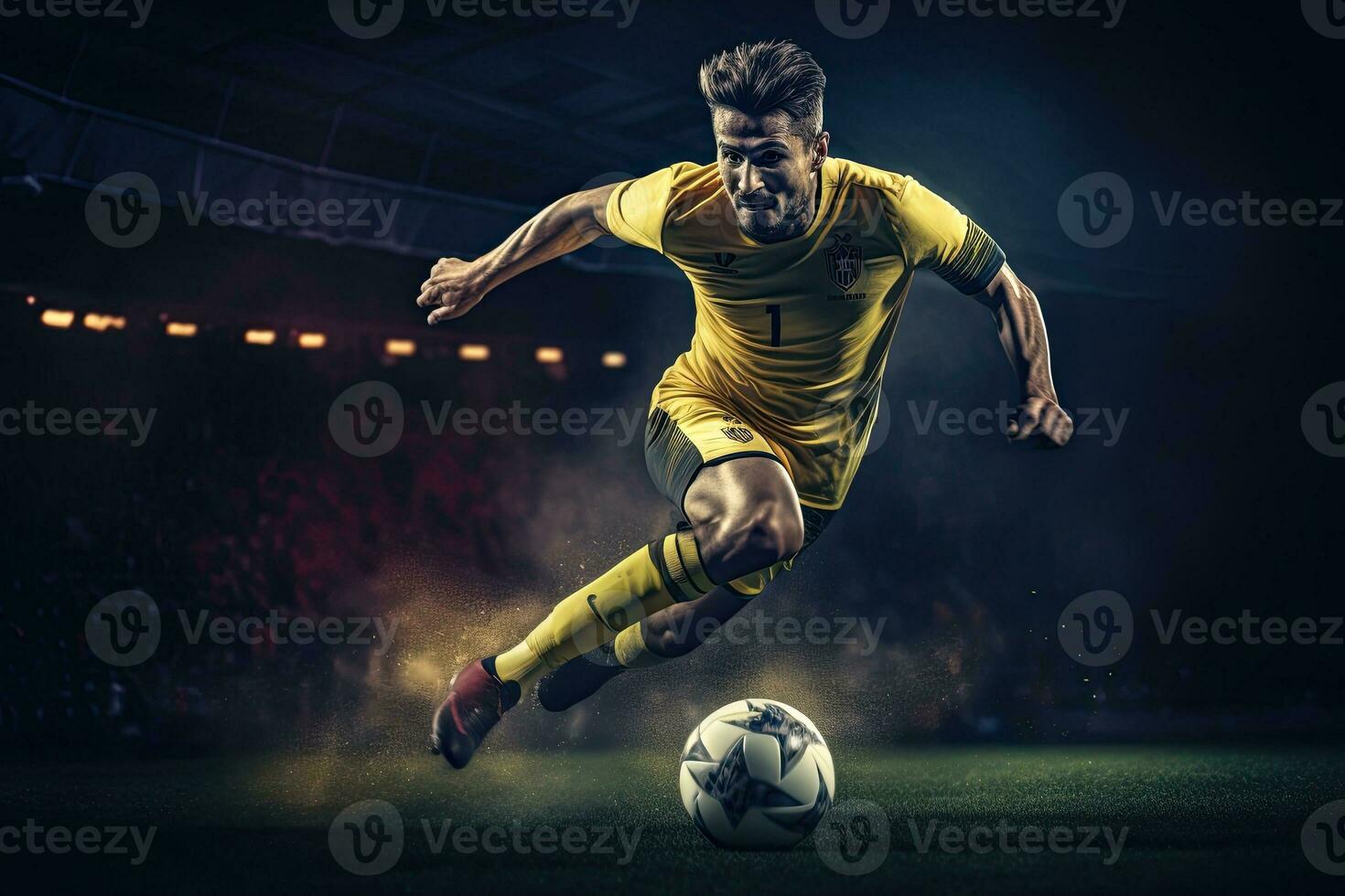 portret professioneel voetbal speler dribbelen bal ai generatief foto