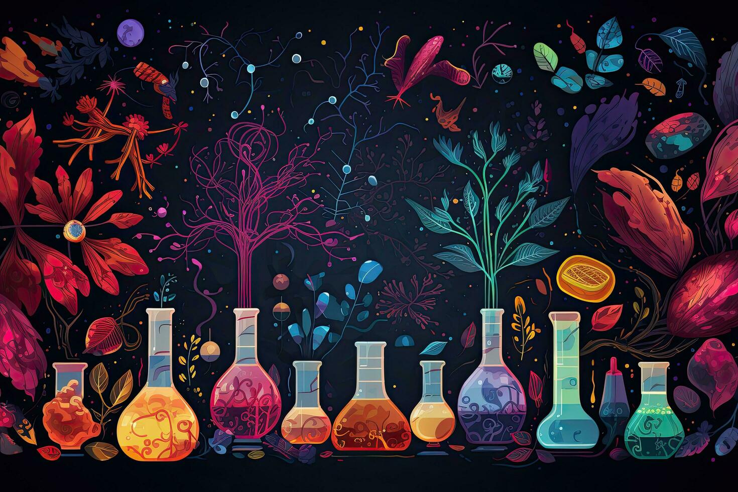 kleurrijk vector illustratie met bloemen, bladeren en planten in flessen, biologisch en wetenschap achtergrond, ai gegenereerd foto
