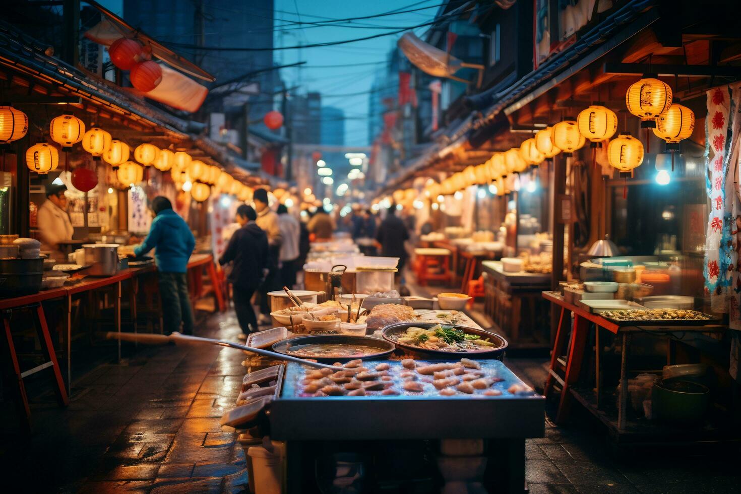 ai generatief beeld van een bruisend Japans straat voedsel markt foto