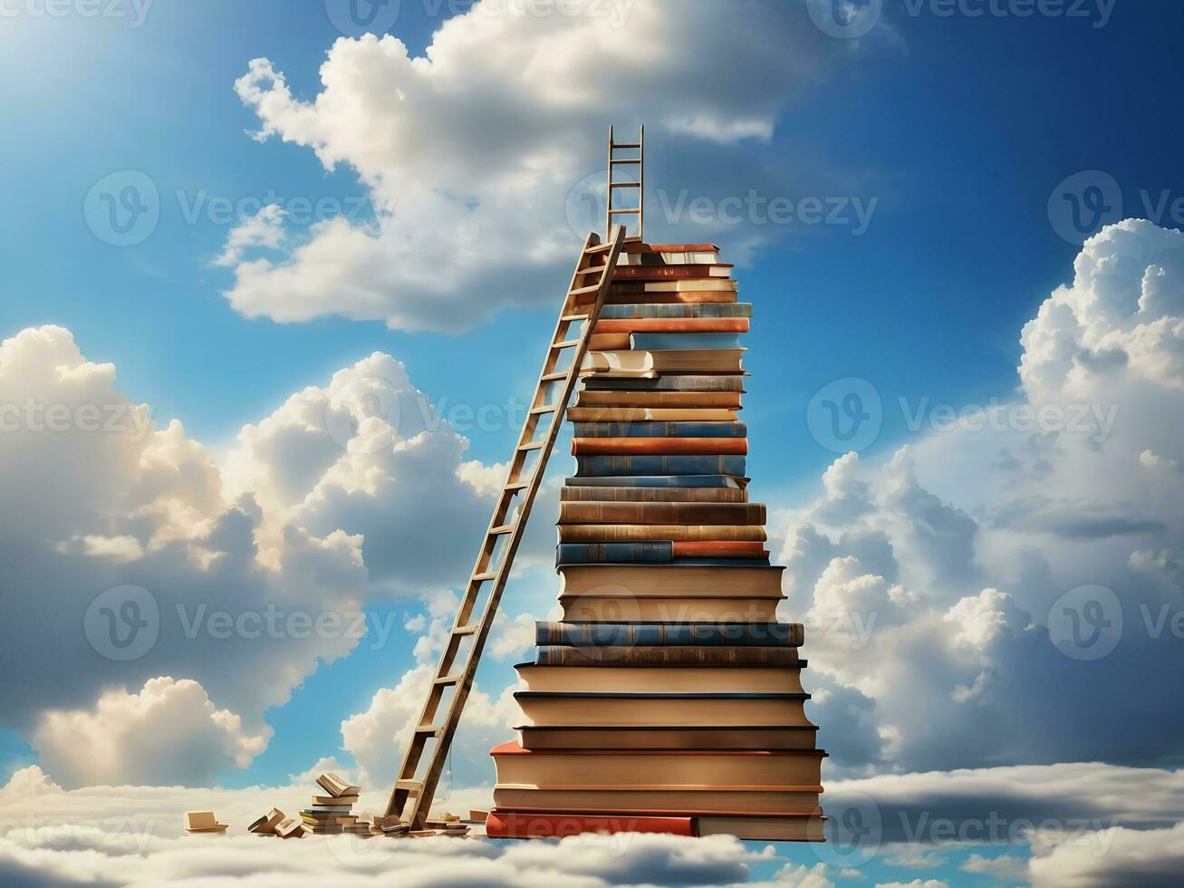 abstract boek stack met ladder Aan lucht met wolken achtergrond. ladder gaan Aan top van reusachtig stack van boeken. onderwijs en groei concept. 3d weergave, genereren ai foto