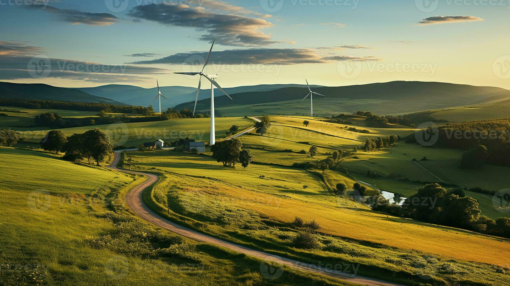 mooi zonsondergang visie van groen landschap en wind turbine. generatief ai foto