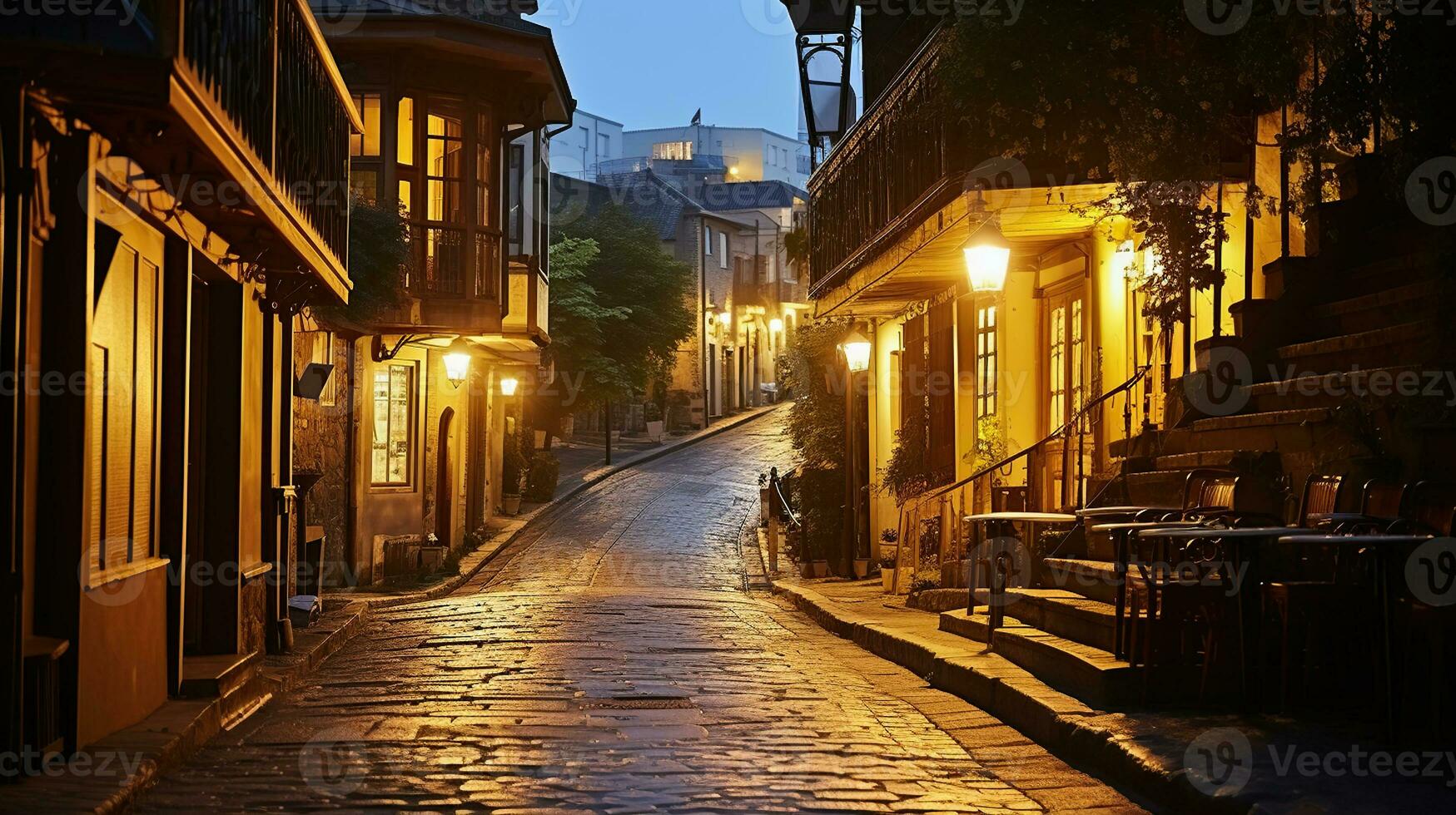 verkennen oud stad historisch straten Bij nacht. generatief ai foto