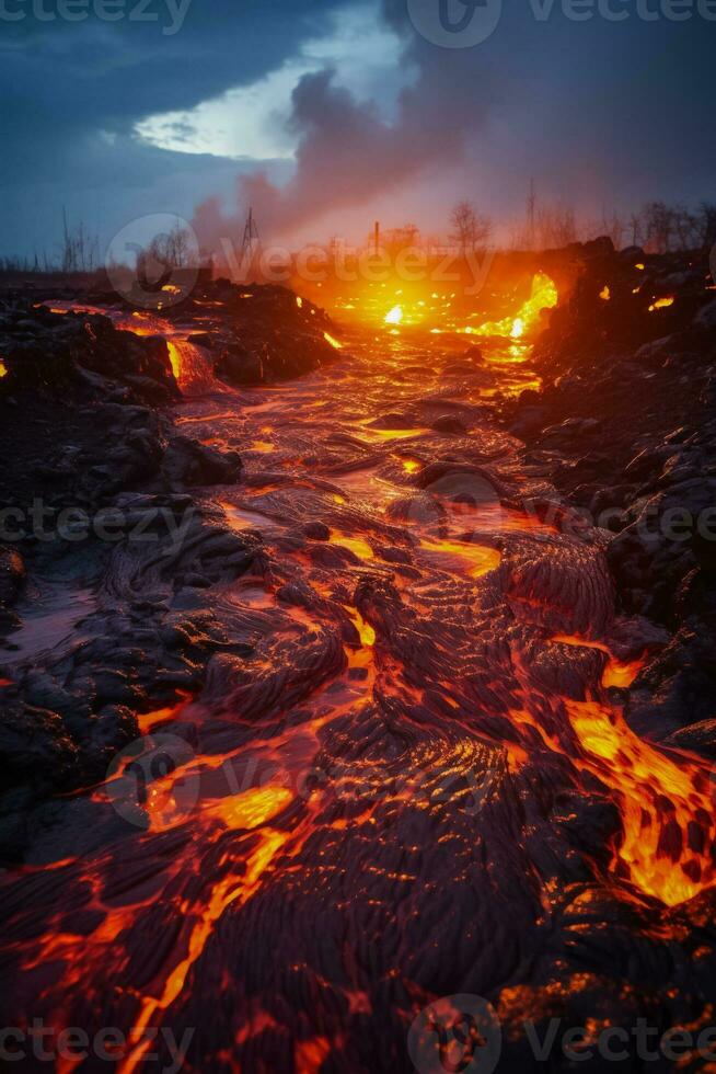 lava stromen ontbranden nacht lucht in woest apocalyptisch vulkanisch landschap foto