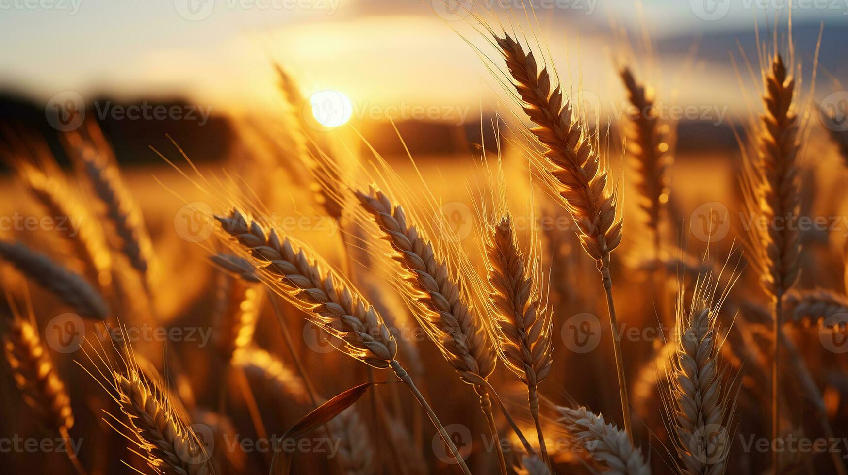 tarwe veld- Bij zonsondergang met een warm gouden licht. zonsondergang schoonheid in de tarwe velden. generatief ai foto