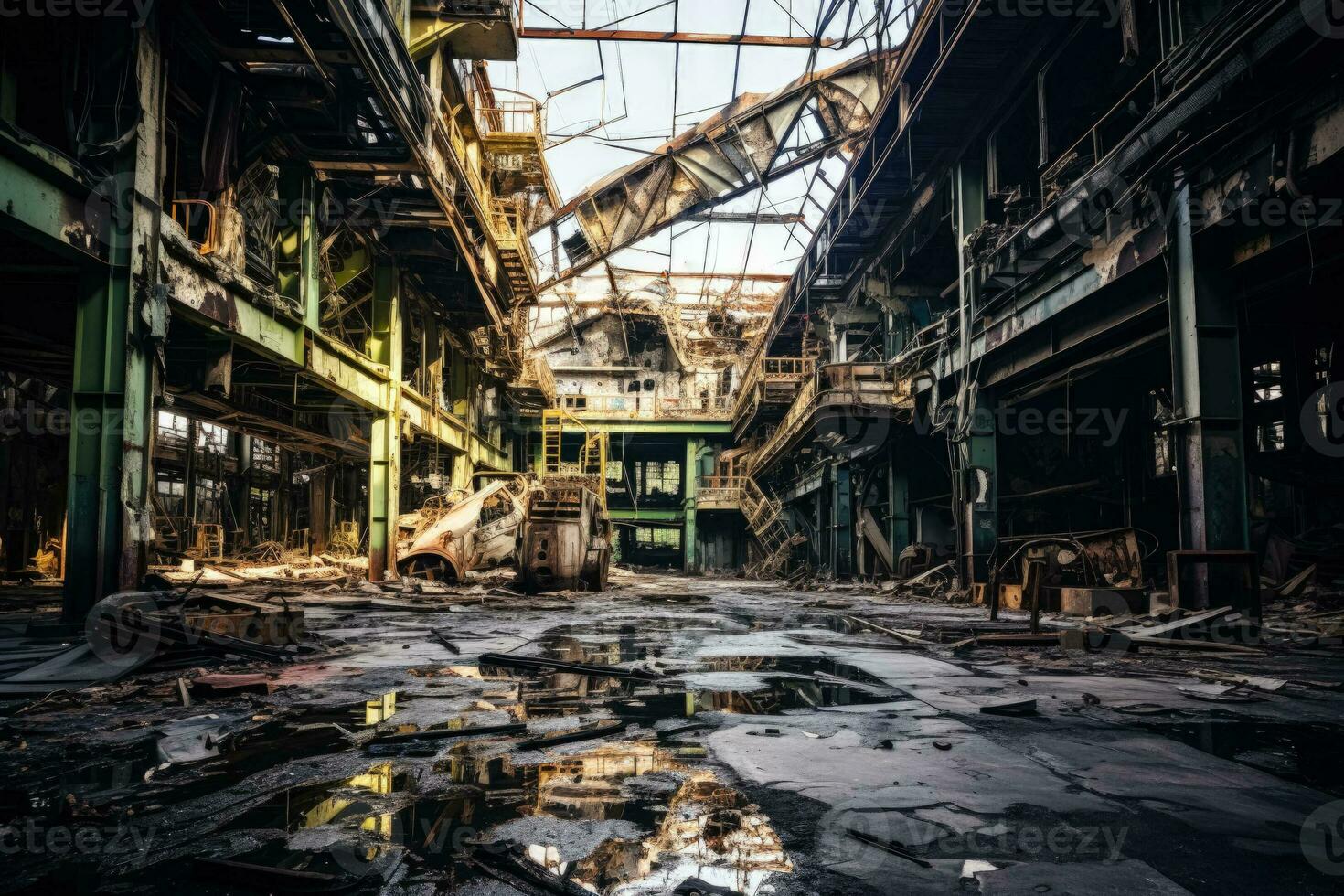 verlaten industrieel fabriek verslechterend onder de meedogenloos maart van tijd foto
