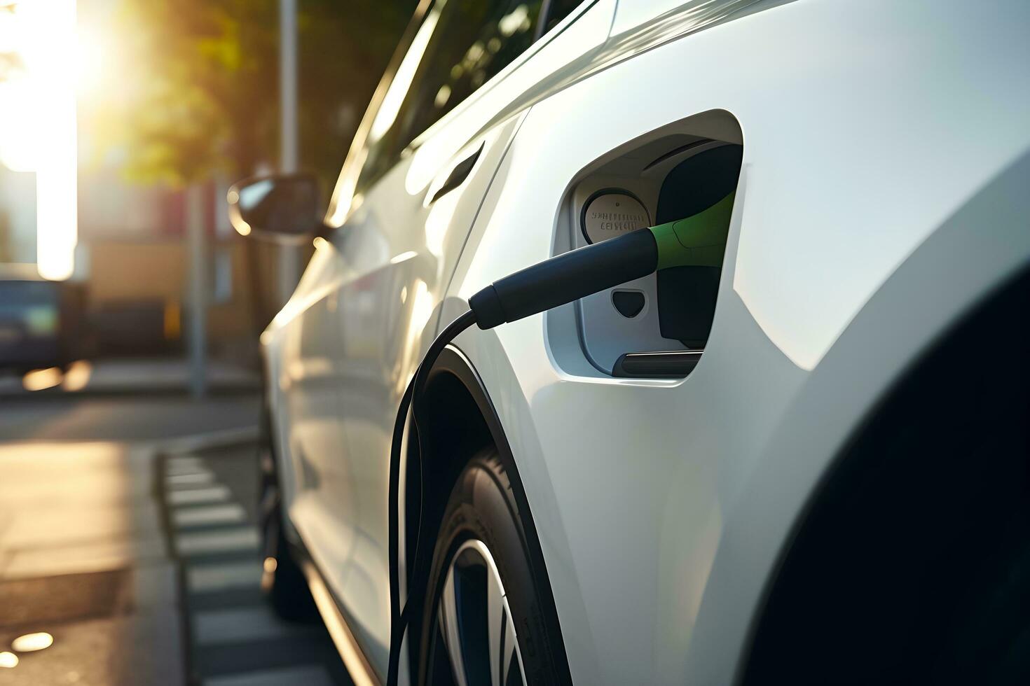 een elektrisch auto is aangesloten in een elektrisch oplader. generatief ai foto