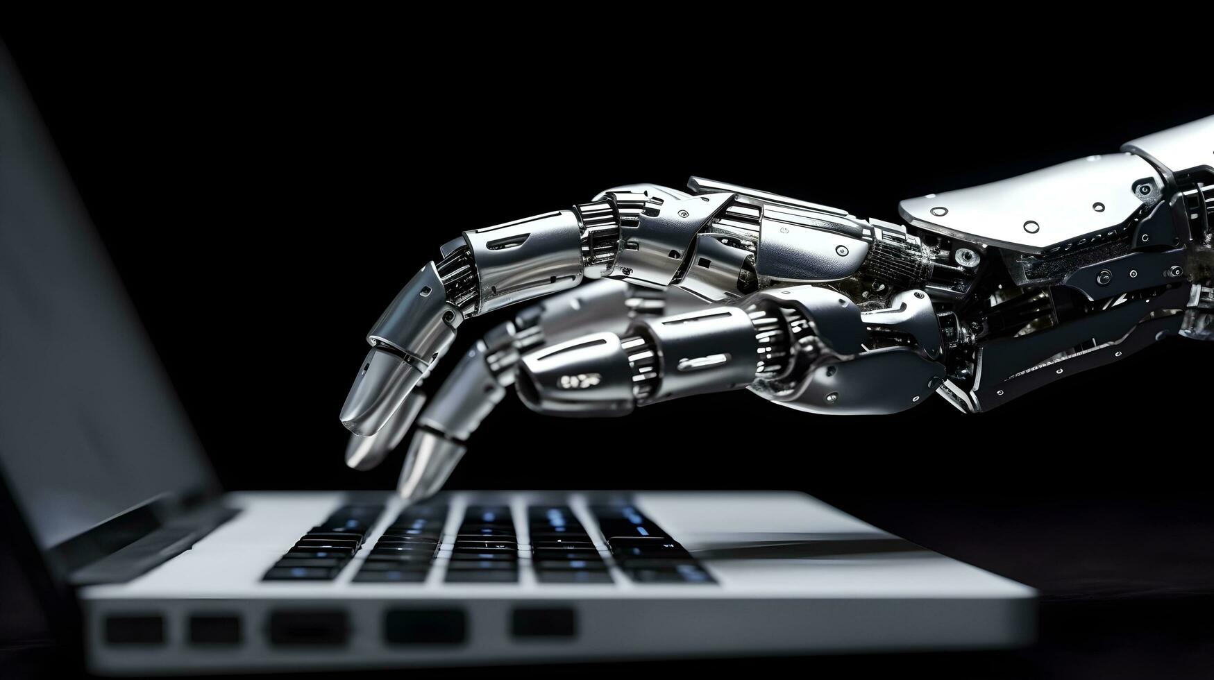 een robot hand- is typen een laptop computer. generatief ai foto