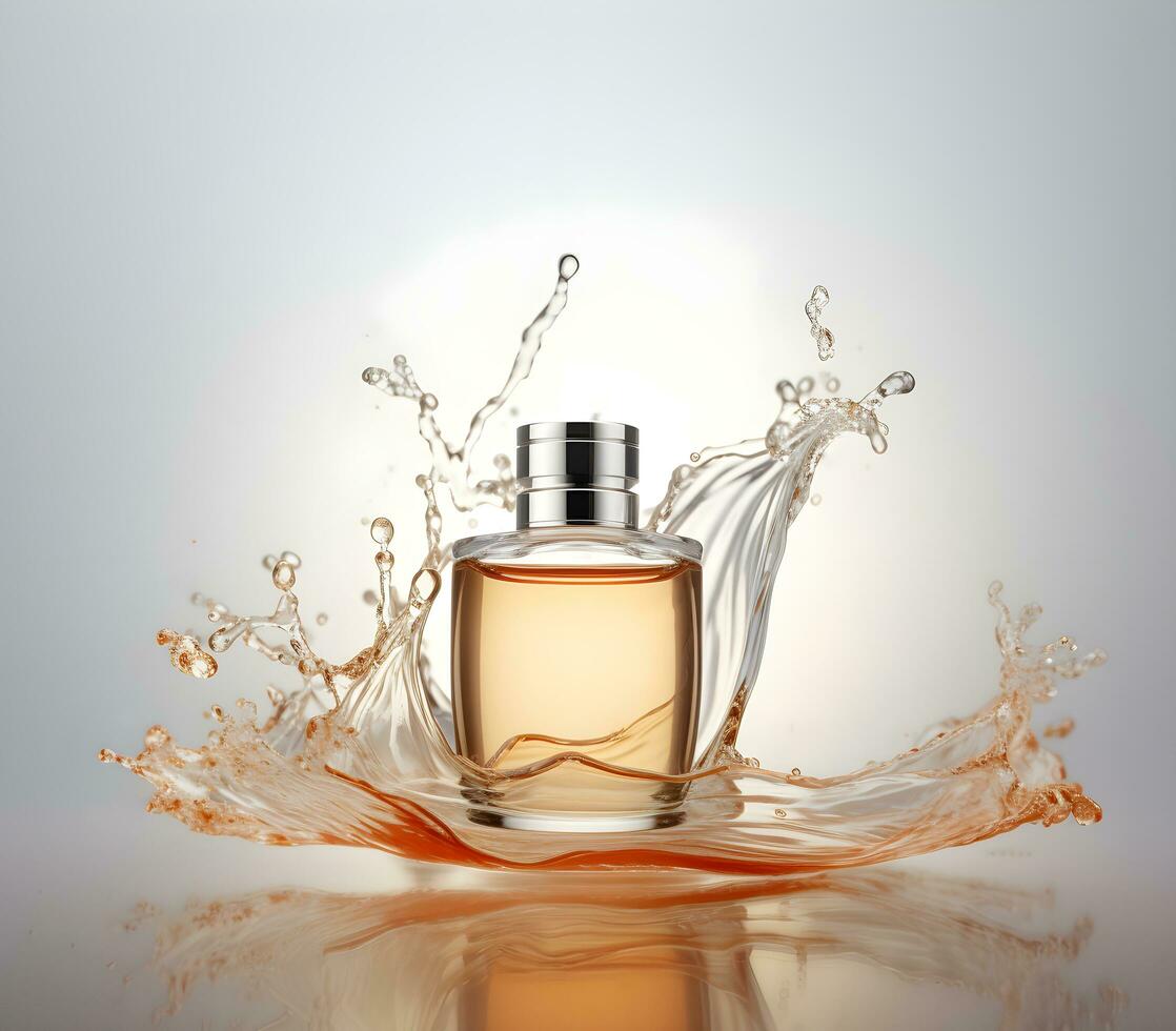 transparant fles van parfum met plons Aan licht achtergrond. generatief ai foto