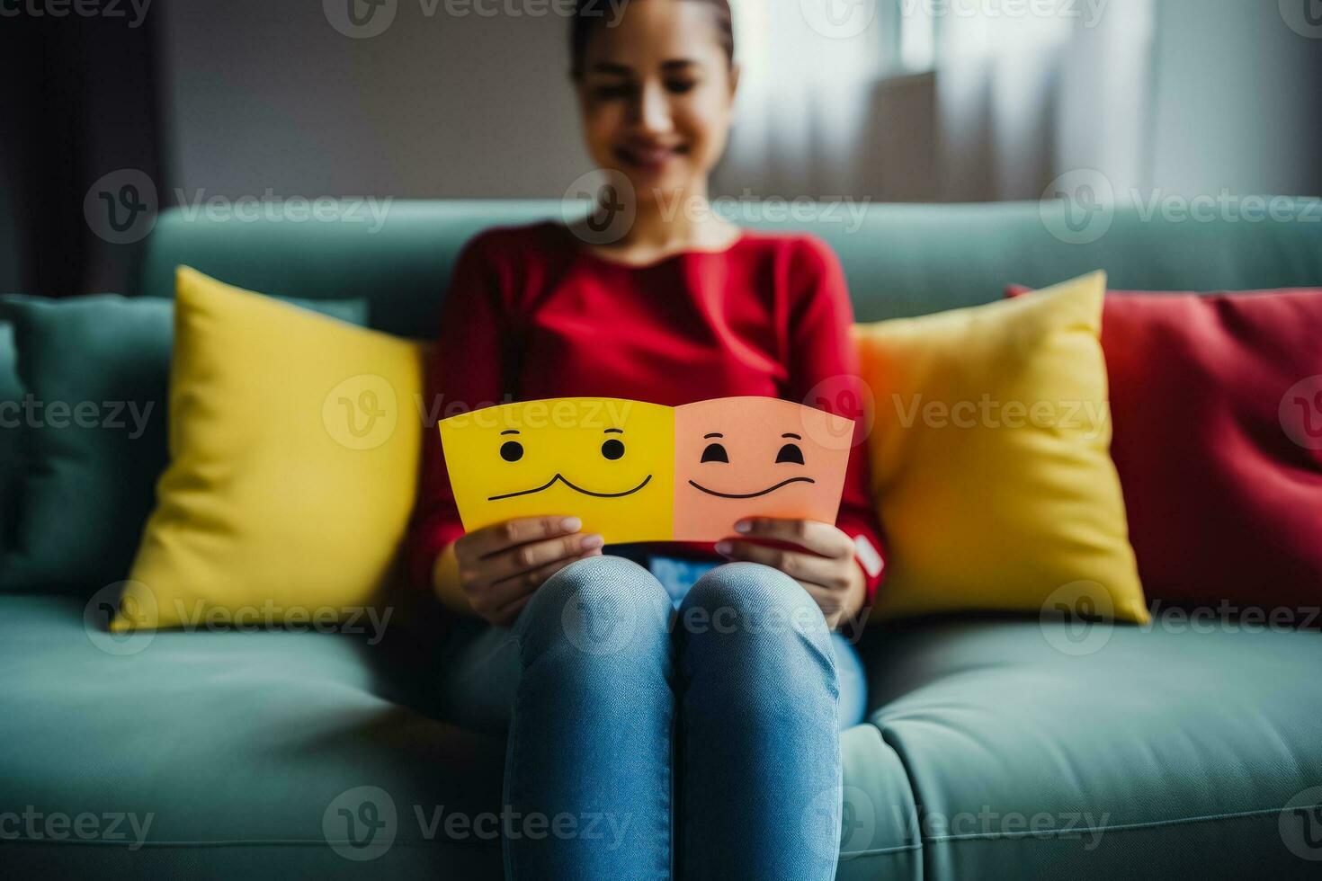 vrouw handen selectief focus Aan gelukkig en boos gezicht papier Aan sofa symboliseert mentaal Gezondheid beoordeling emotioneel intelligentie- foto