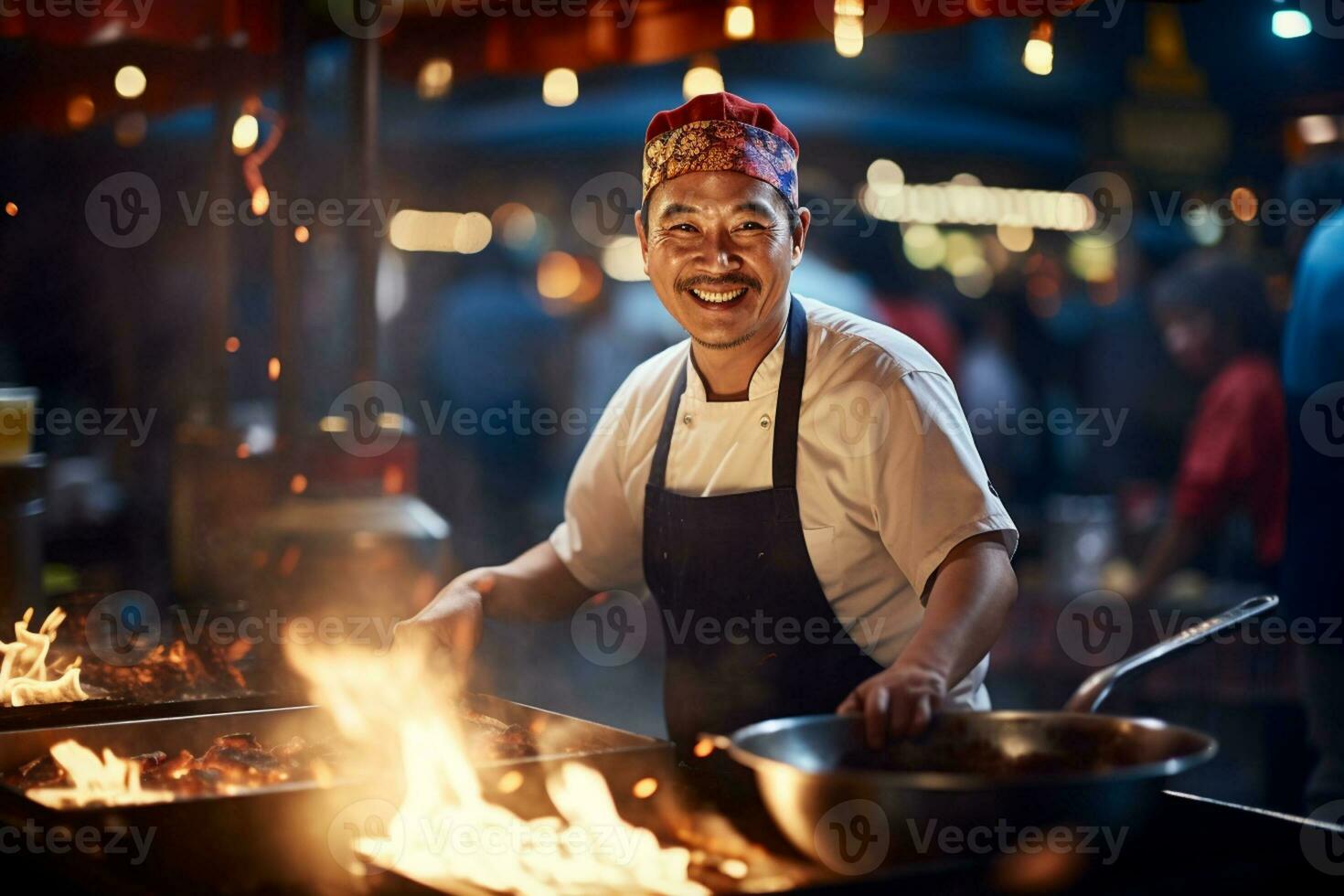 lokaal mannetje chef gelukkig kookt Bij straat voedsel markt foto