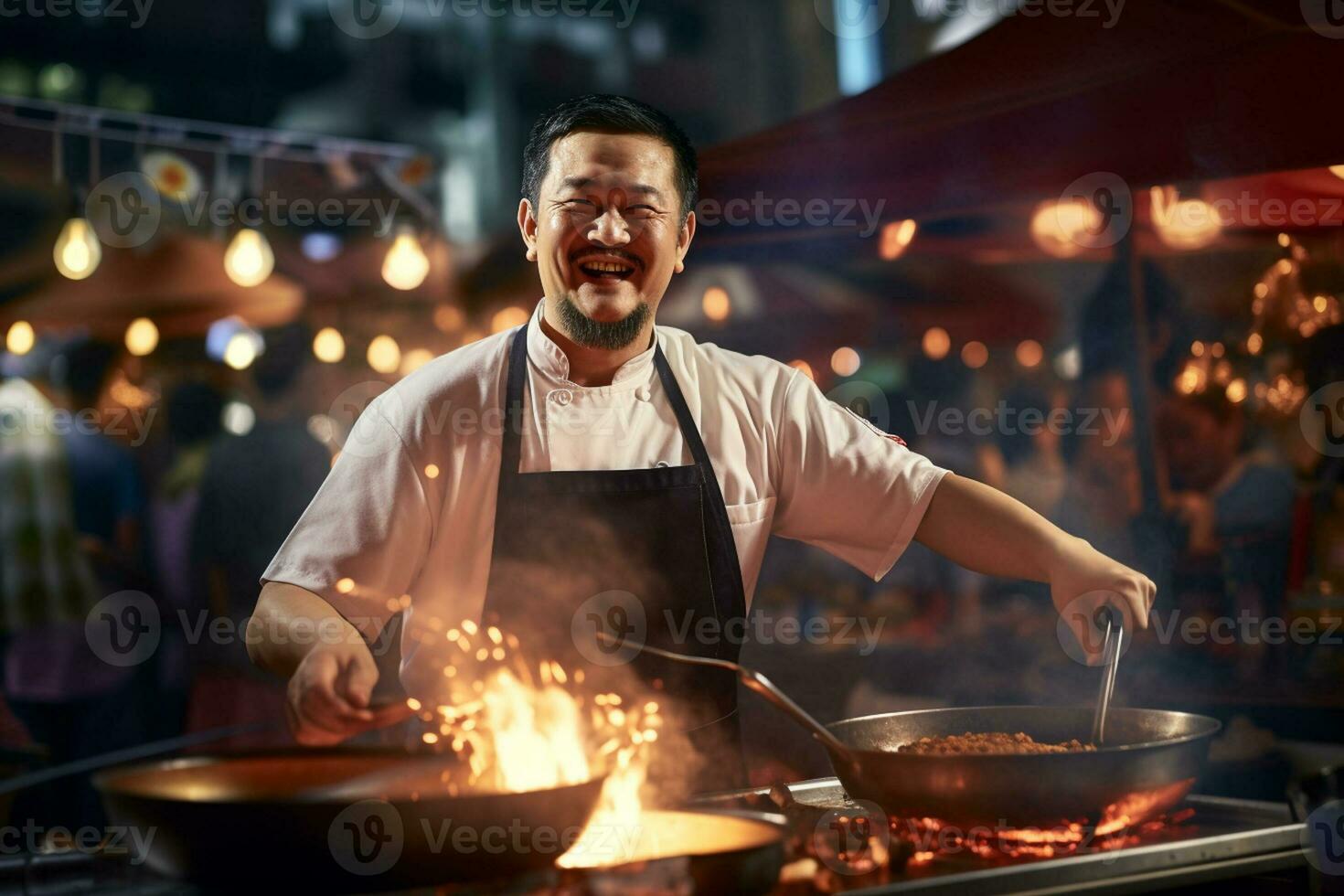 lokaal mannetje chef gelukkig kookt Bij straat voedsel markt foto