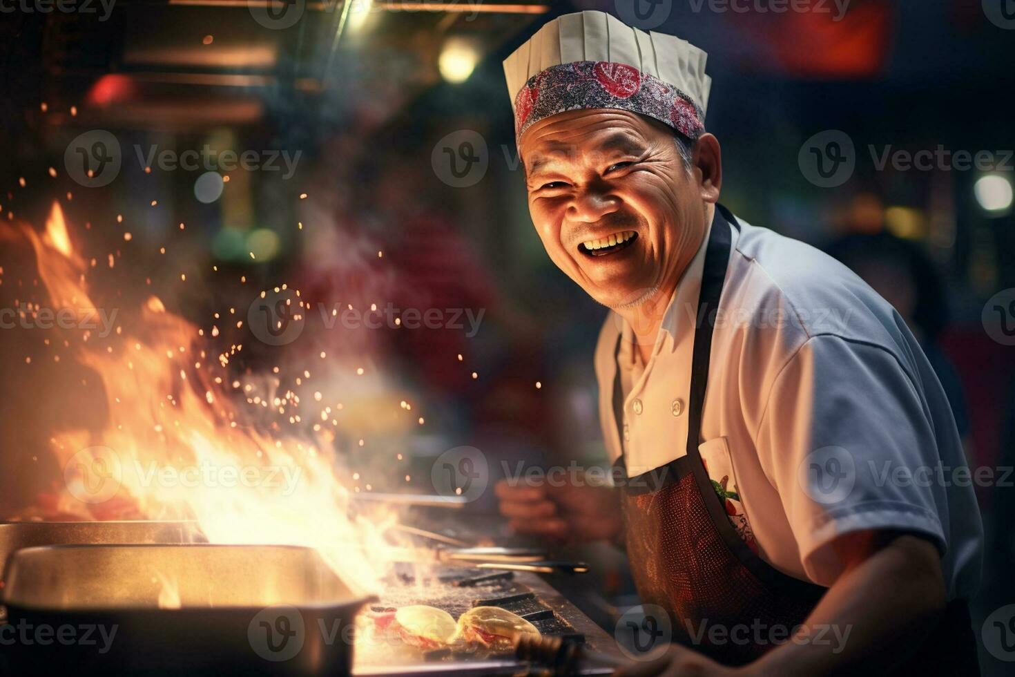 lokaal mannetje chef gelukkig kookt Bij straat voedsel markt foto