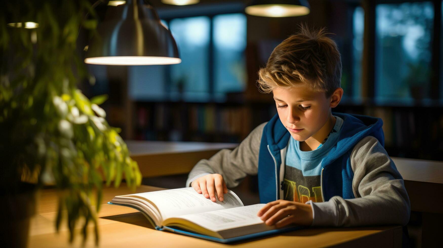 jongen lezing een leerboek met een markeerstift foto