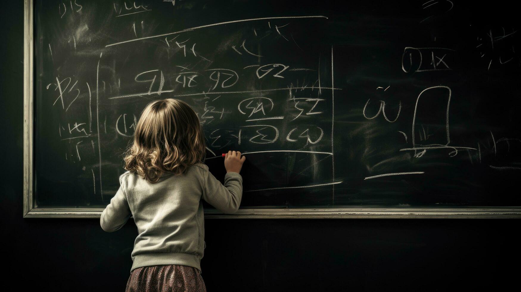 weinig meisje schrijven Aan een schoolbord foto