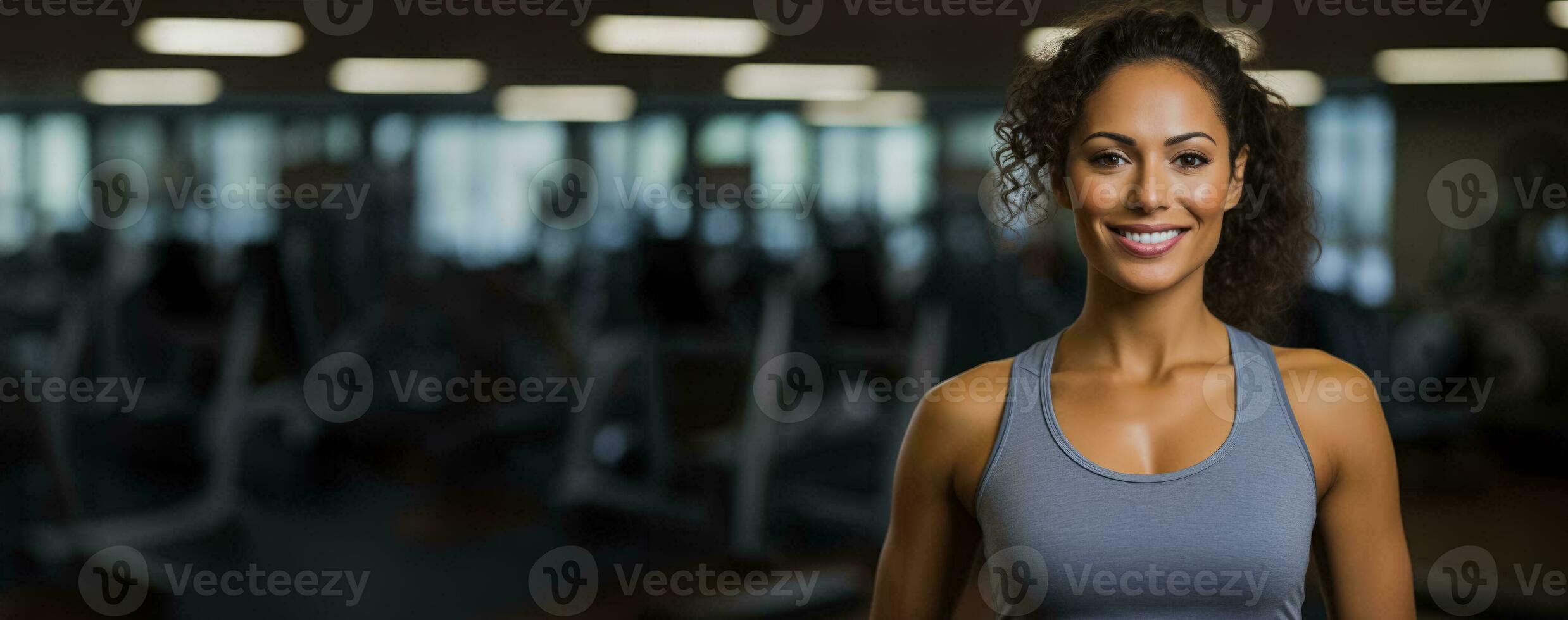 glimlachen vrouw handen Aan heup staat Bij de Sportschool foto