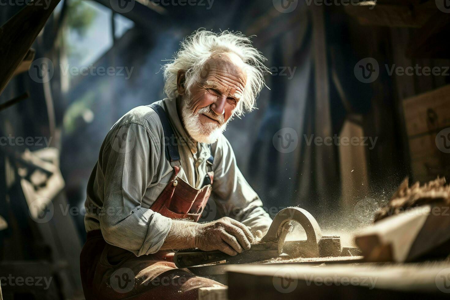 hardwerkend timmerman oud Mens zagerij. genereren ai foto