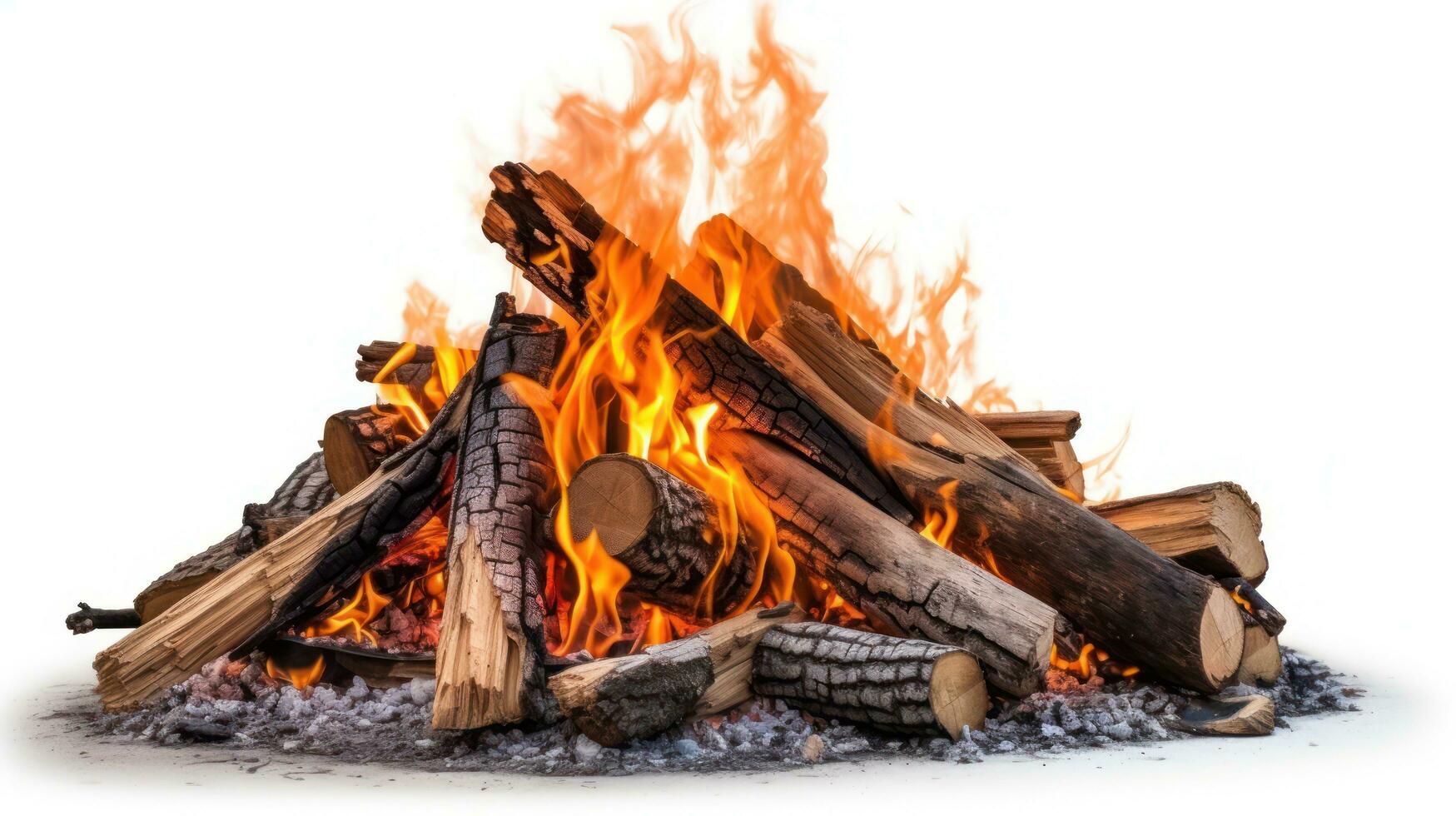 een brand pit met logboeken en vlammen Aan een wit achtergrond ai gegenereerd foto