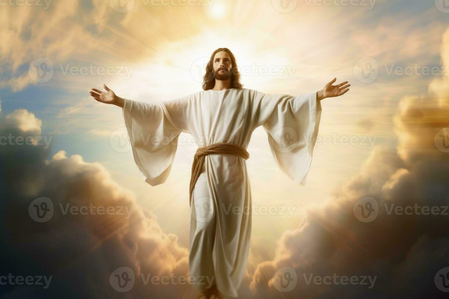 Jezus Christus opening de lucht met een zegen van god.ai generatief foto