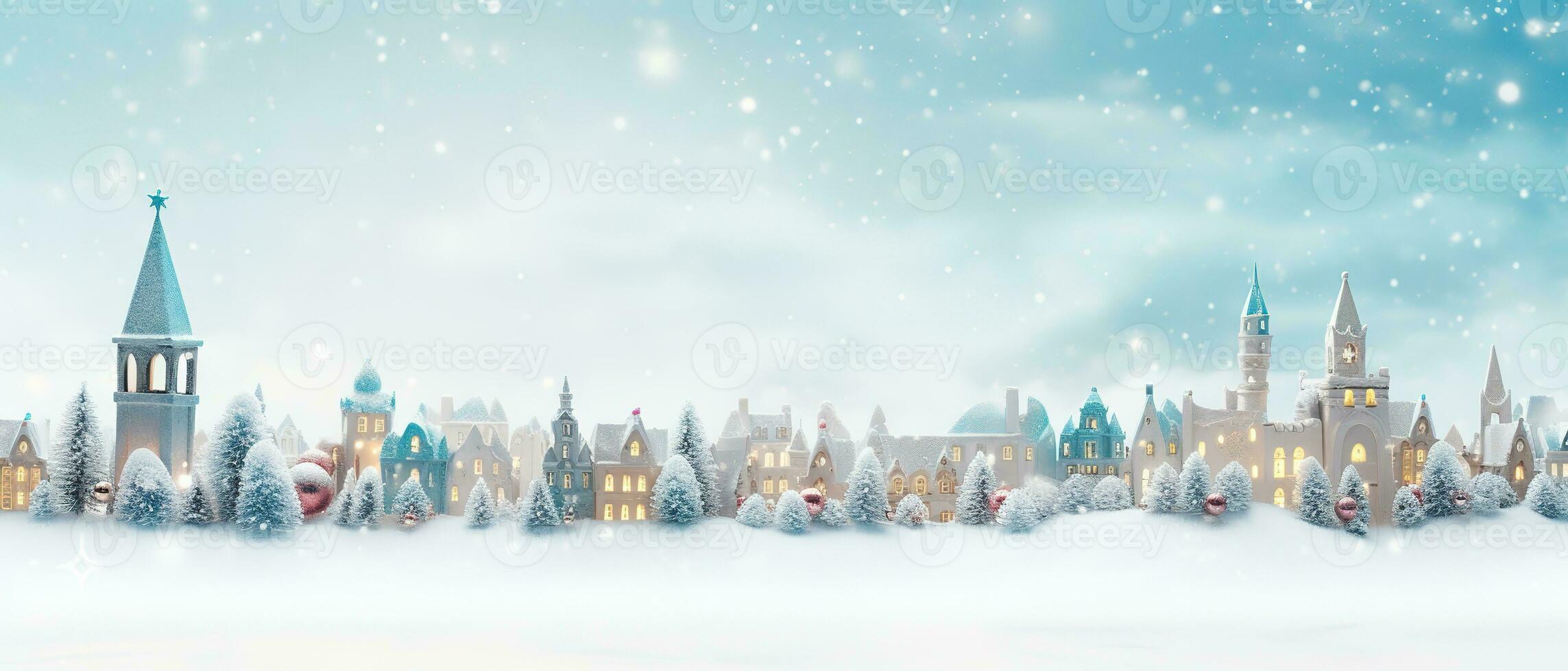 feestelijk Kerstmis tafereel met decor in sneeuw over- wazig bokeh achtergrond en kopiëren ruimte voor uw Kerstmis hartelijk groeten. generatief ai foto