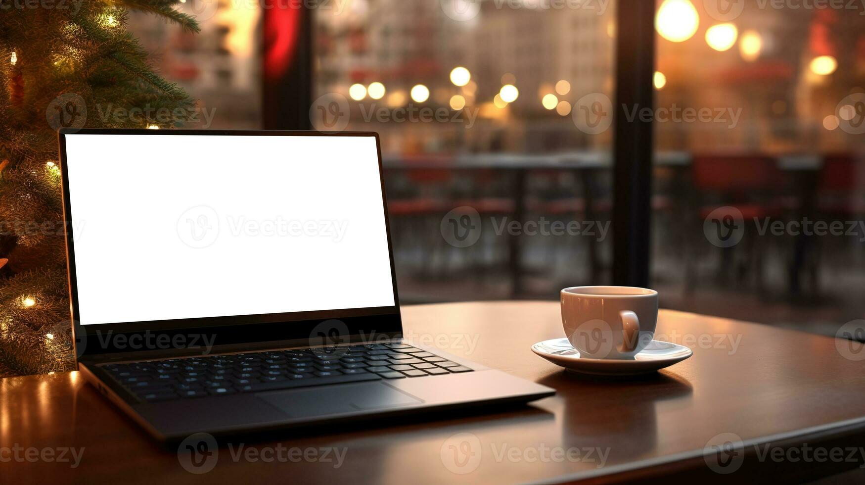 laptop Aan bureau met blanco scherm, Kerstmis boom en cadeaus in achtergrond, knipsel pad inbegrepen. feestelijk huis kantoor. generatief ai foto