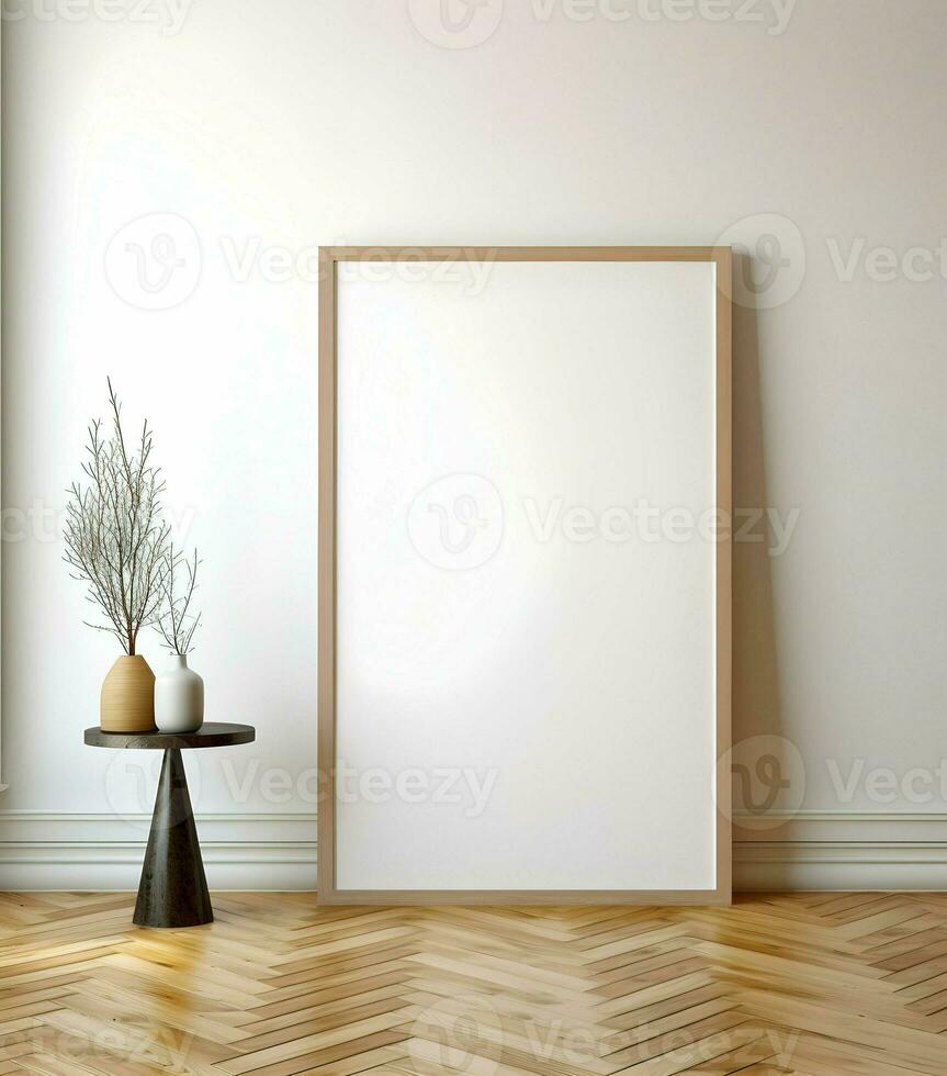 blanco afbeelding kader Aan parket vloer. minimalisme. ai generatief foto