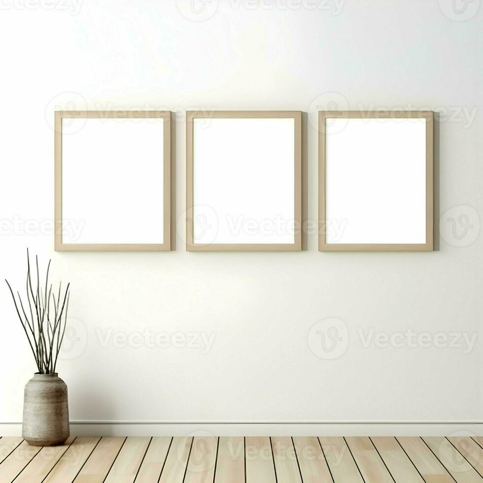 drie foto blanco afbeelding kaders Aan parket verdieping wit muur. minimalisme. hoog oplossing. ai generatief